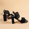 Fashion Women's Fashion Flower Decor High Heel Sandals Black Square Toe Elastic Strap Dress Party Shoes Woman Chunky Heel Summer Sandals