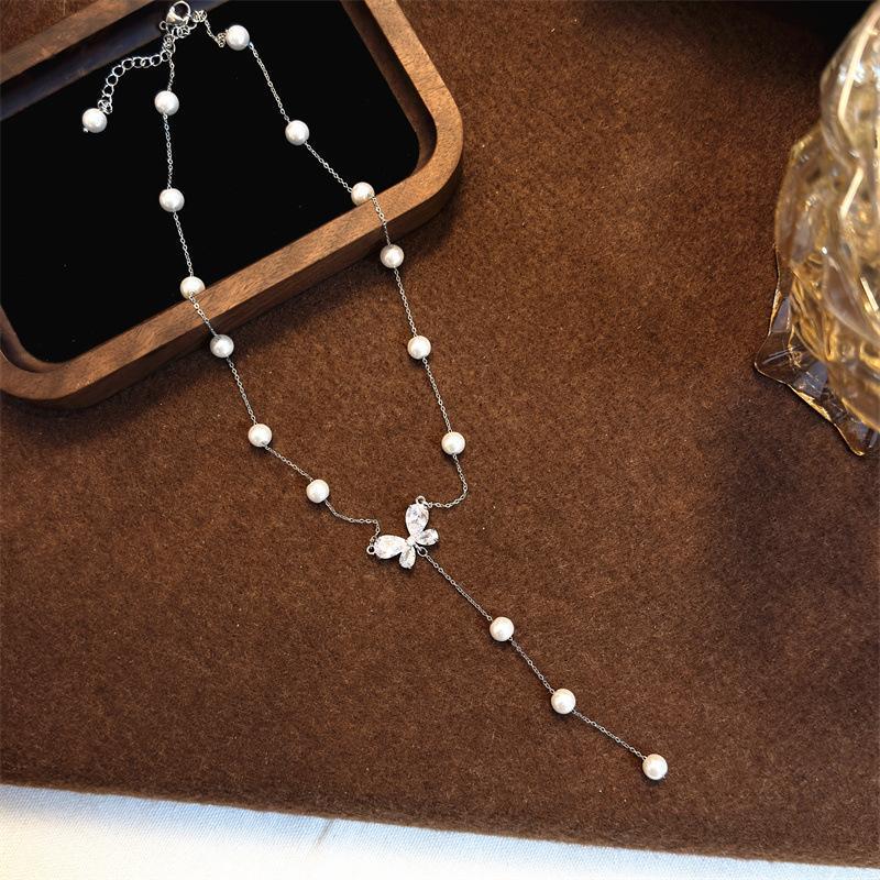 Zircon 2026 Starry Sky Butterfly Pearl Necklace for Women - Light Luxury High-End Choker