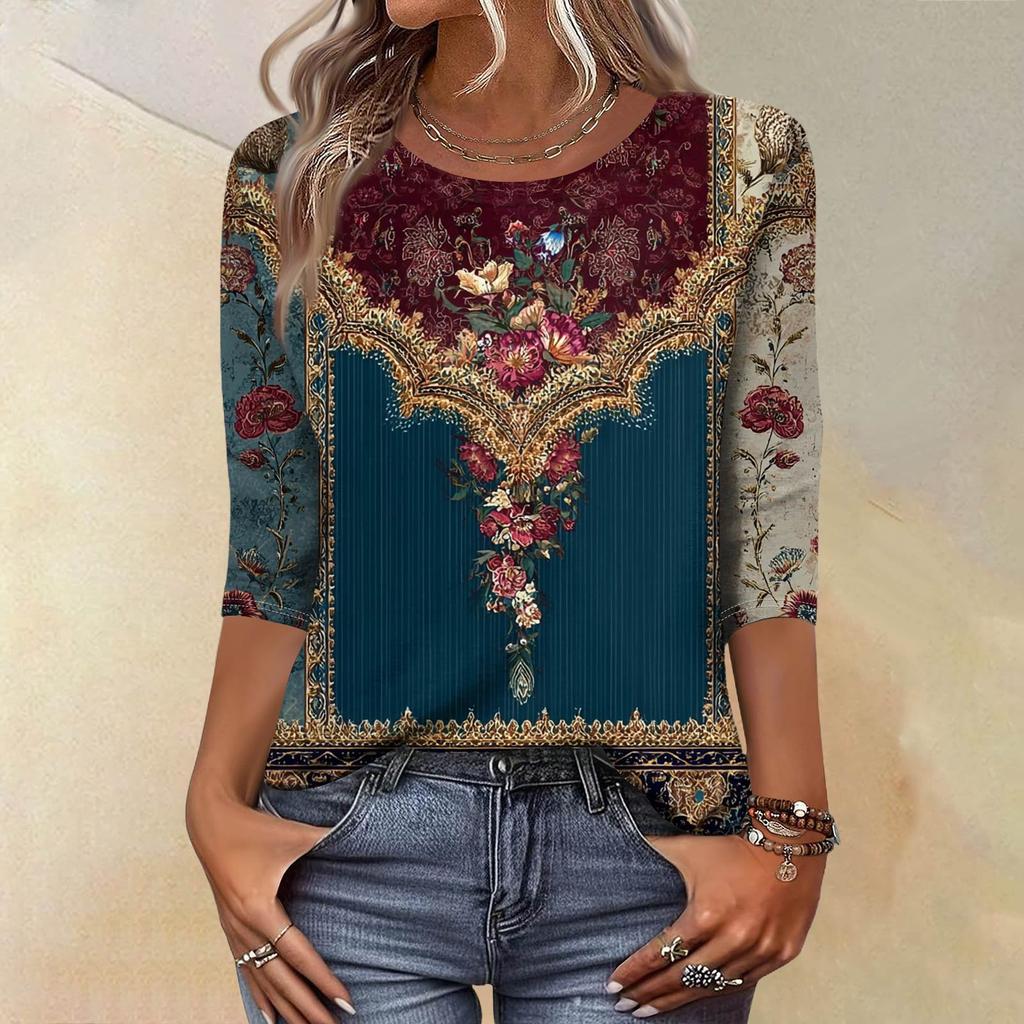 Trendy Vintage 3/4 Sleeve Top For Women,Ladies Casual Three Quarter Sleeve Round Collar Printed T-Shirt Blouse