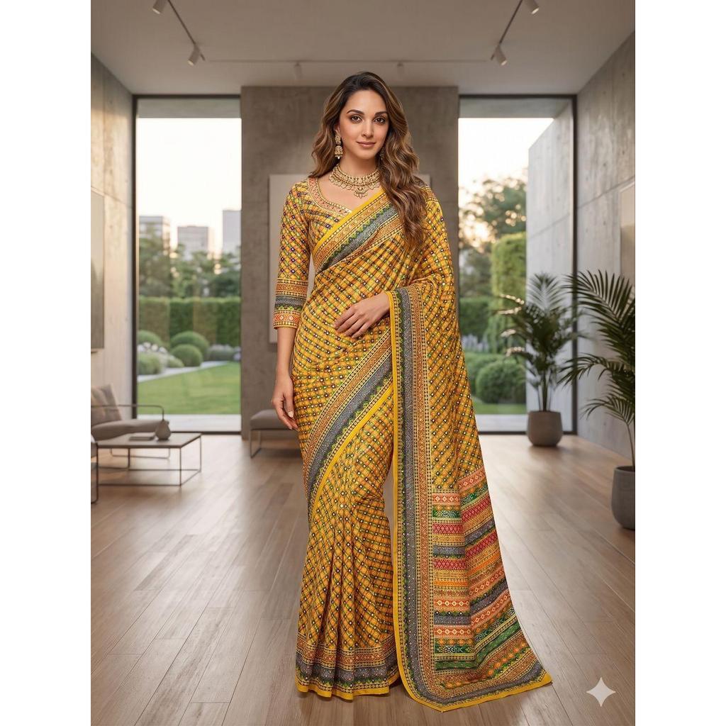 New Launch – Premium Chinon Silk Saree with Elegant Real Mirror Work Collection