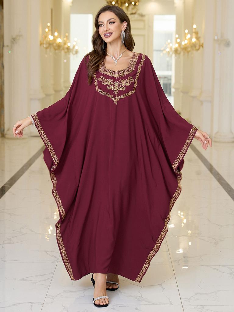 EDOLYNSA 2025 Elegant Plus Size Kaftan Women's Retro V-Neck Batwing Sleeve Long Dress Sexy Beach Swimsuit Cover-up Q1775-4131