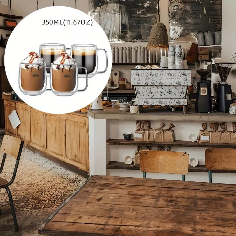 350ml Double-layered Glass Cups Transparent Insulated Coffee Cups and Tea Cups with Handles for Cappuccino Milk Juice Drinkware