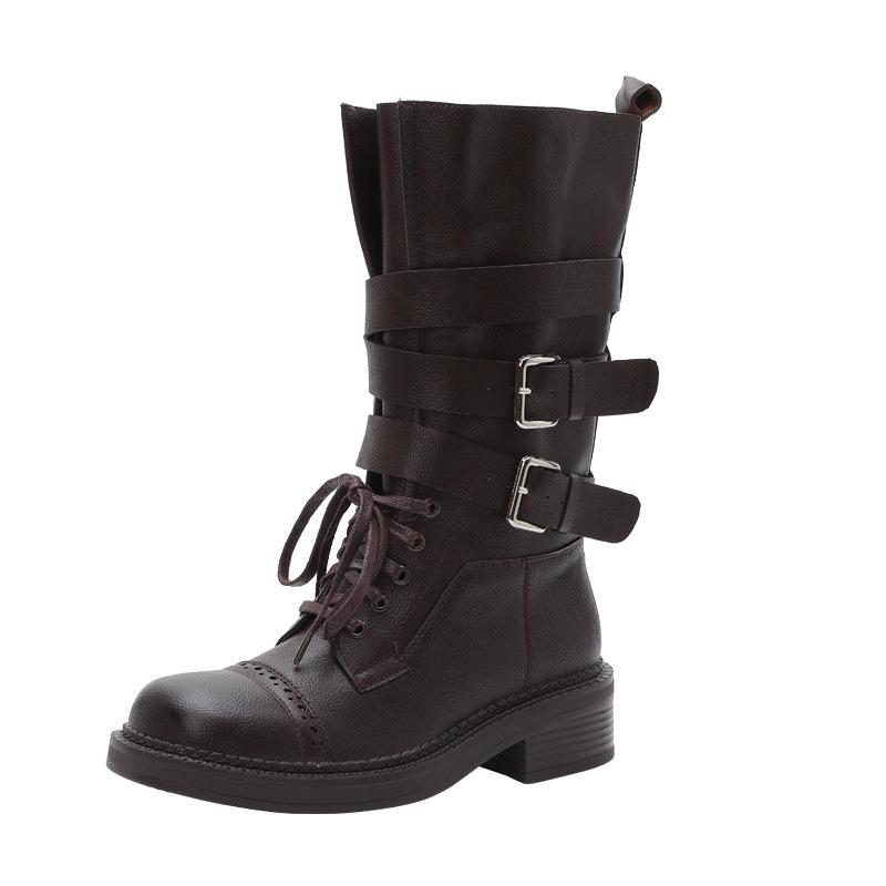 2025 Autumn/Winter Women's Retro British Mid-Calf Lace-Up Belt Buckle Martin Boots - Thick Sole, Height Increasing Western Style