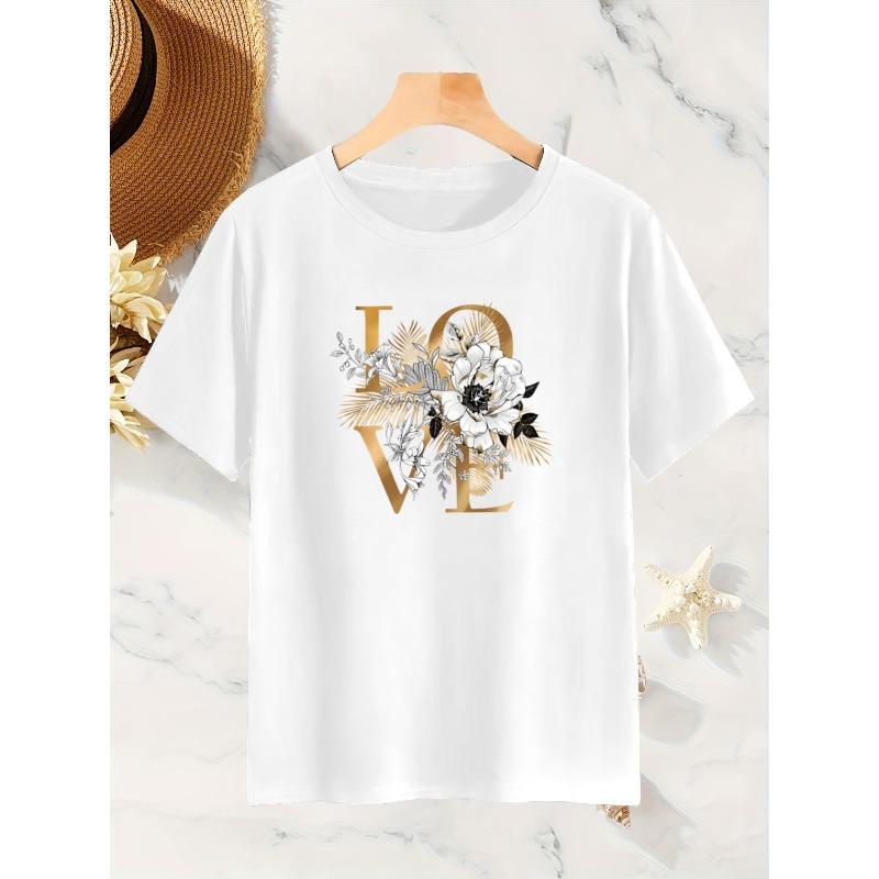 Women's Floral LOVE Letter Print T-Shirt Crew Neck Short Sleeve Non-Transparent Machine Washable Valentine's Day Casual Commute Vacation Top