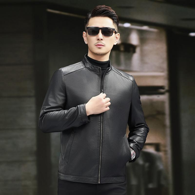 Haining Leather Jacket Men's First Layer Calfskin Jacket Spring and Autumn Single Leather Casual Slim Lapel Leather Jacket