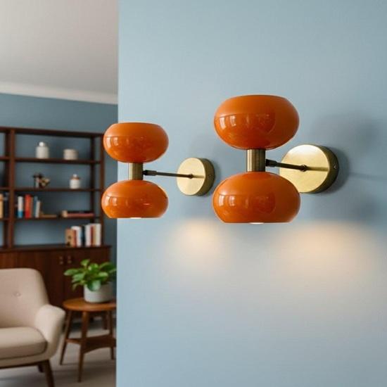 Mid Century Modern Orange Diabolo Wall Sconce Pair, Italian Brass Double Globe Wall Light, Retro Vanity Lighting Fixture