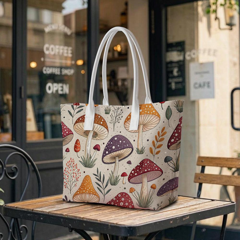 Cute Mushroom Printed Shoulder Bag Fashion Large Capacity Daily Tote for Women Outdoor Shopping Portable Handbag