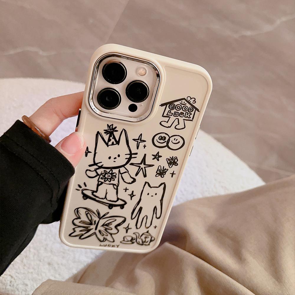 Line Cat 17promax Apple Phone Case 16 Suitable for IPhone 15 Personality Cartoon 11 Electroplating 13 Full Package