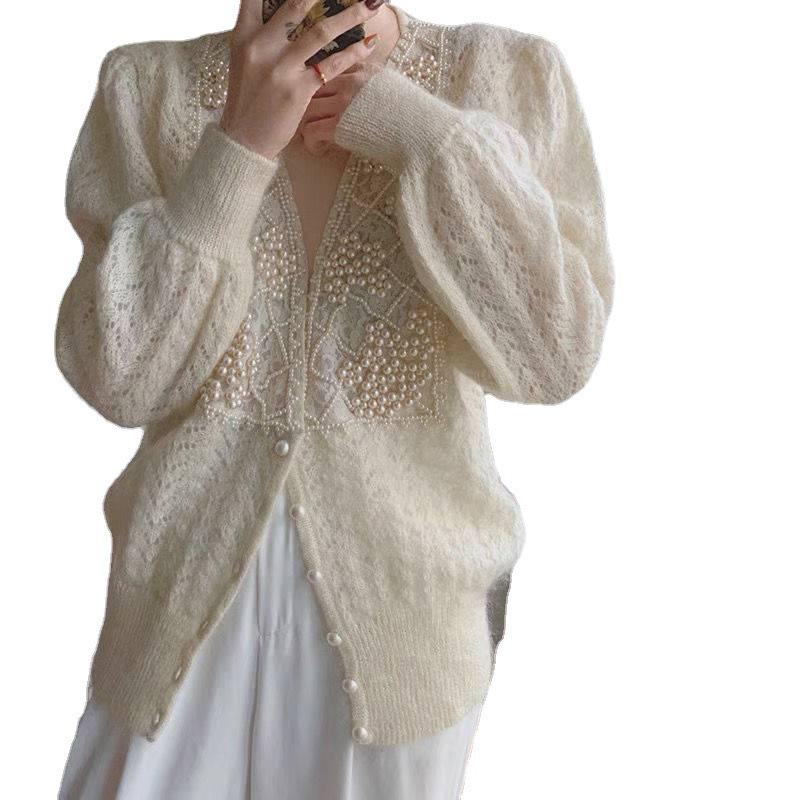 Elegante Cárdigan de Punto Calado con Incrustaciones de Perlas - Colección Primavera para Mujer