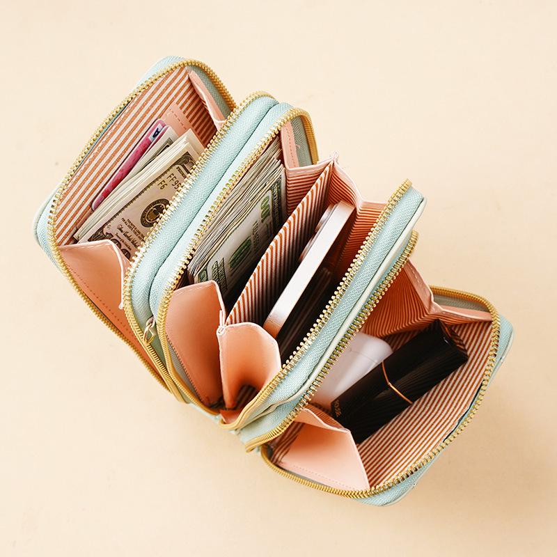 "Korean-Style Women's Fashionable Mini Crossbody Phone Bag – Solid Color, Three-Layer Zipper, Multifunctional, Simple Design Wallet"