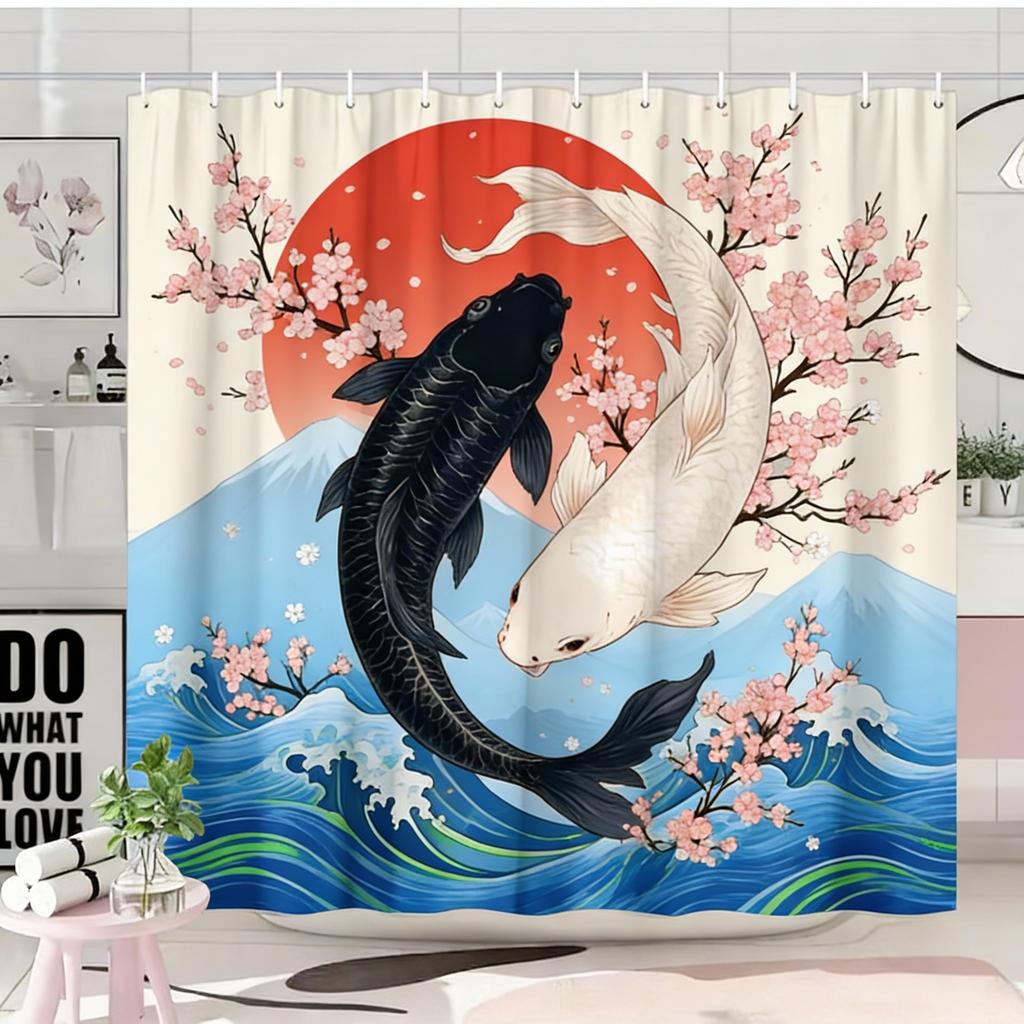 1pc Japanese Ukiyoe Koi Shower Curtain, Cherry Blossom, Red Sun, Snow Mountain Pattern, Easy to Hang, Fashionable Bathroom Decor