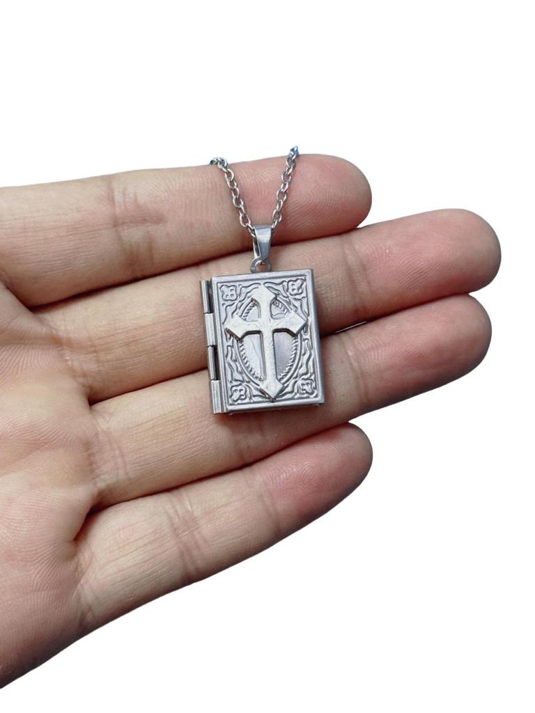 Retro Gothic Blood-red Rose Black Cross Relief Book-shaped Pendant Necklace for Women Men Halloween Stainless Steel Jewelry Gift