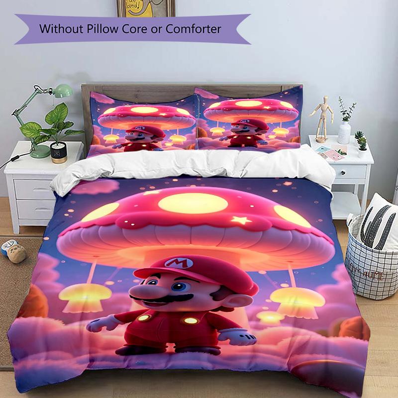 3pcs Mushroom, Mario Cover Set, 1 Cover + 2 Pillowcases (No Insert), Bedding for All Seasons, Bedding,Bedroom Decor yy250922002