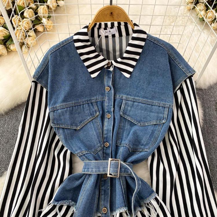 Korean Retro Women Denim Vest Shirt Spring Autumn Casual Loose Irregular Stitching Striped Fake Two