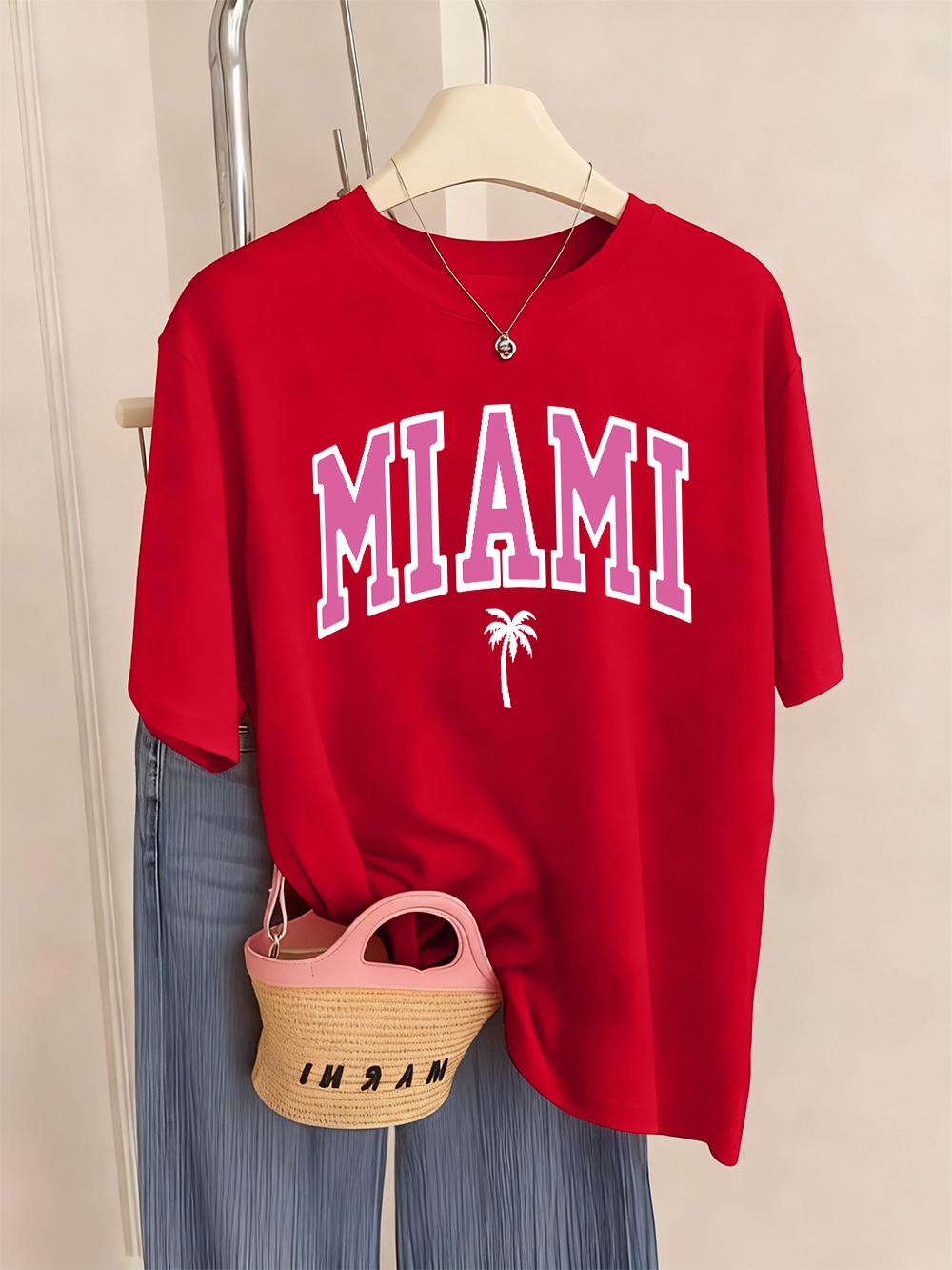 

Футболка с принтом букв Miami Beach Женская Летняя с круглым вырезом Удобные Свободные Топы с коротким рукавом Повседневная Мягкая Женская Одежда S