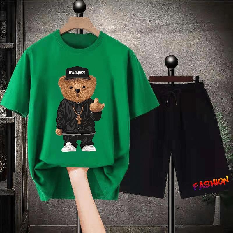 Korean Brand Bear Print T-shirt Men's Cotton Short-sleeved Oversized T-shirt Hip-hop Retro Suit Unisex Free Shipping