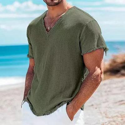 Camisetas Casuales de Lino para Hombre de Verano para la Playa Colores Sólidos Transpirables Camiseta para Hombre de Exterior Vintage con Cuello en V Tops Rasgados