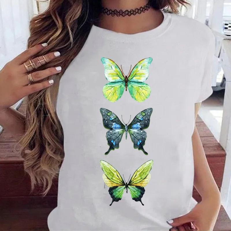 Woman Butterfly Tree Print Harajuku Summer Tshirts Casual Round Neck Short Slee Top Tee Shirt Women Black T-shirt Drop Ship