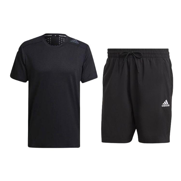 

Adidas однотонный стандартный рукав круглый вырез короткий рукав фирменный логотип завязка средняя талия шорты повседневный спортивный комплект мужские комплекты черный HC4230+IC9392 M