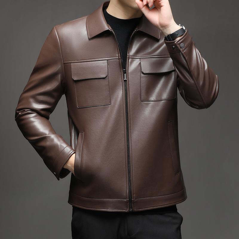 Men's leather jacket autumn casual coat new PU leather jacket velvet fashion lapel feeling men's top
