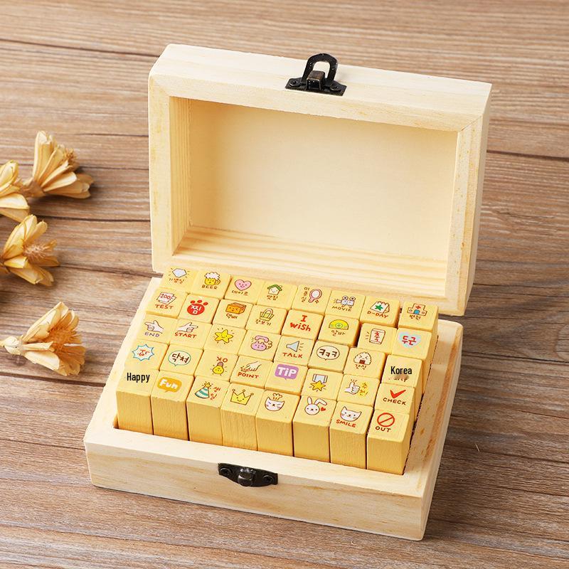 Wooden Box Diary Stamps Set: Cute Bunny & Cat Designs, 40 Pieces, 4 Styles