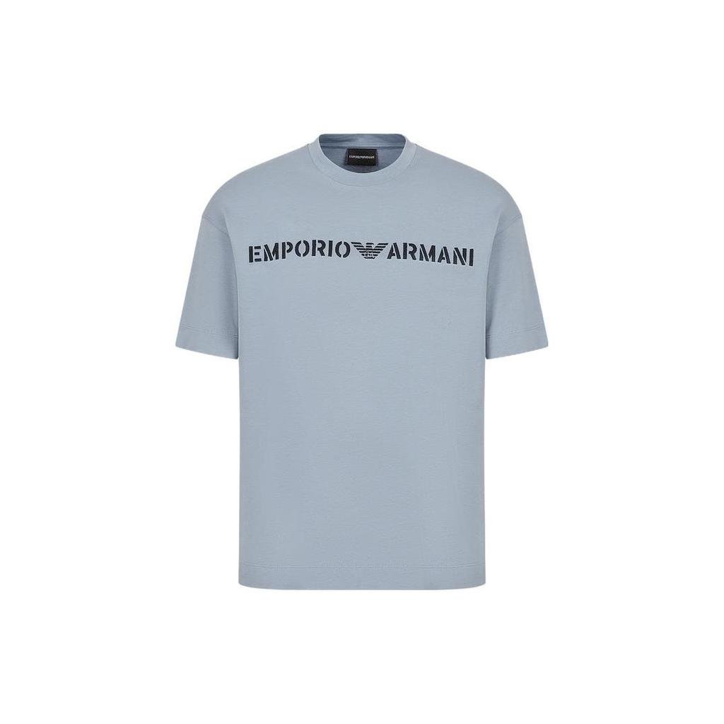 Emporio Armani SS23 Logo Letter Print Crew Neck Short Sleeve T-Shirt Men Tops Light-Blue 3R1TT2-1JWZZ-0738