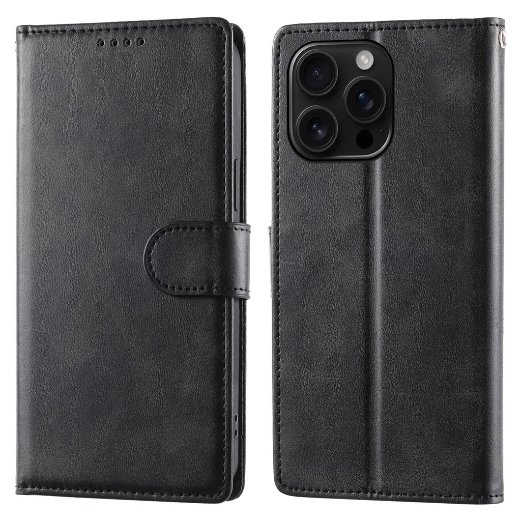 For iPhone 16 Pro Max Case Stand Wallet Calf Texture PU Leather Flip Phone Cover with Wrist Strap
