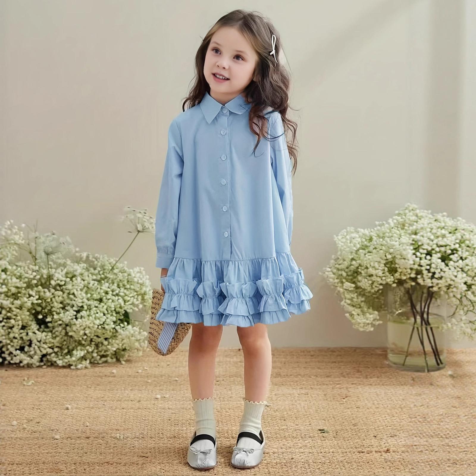 

Girls Fashion Long-Sleeved Shirt Collar Patchwork Tiered Skirt Solid Colour Dress 120 синий