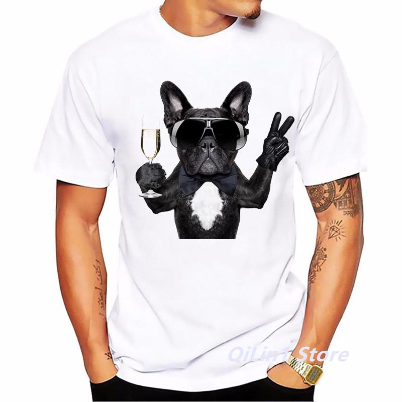 Glass French Bulldog Print Funny T Shirts Men Summer Top MaleS Cool Hip Hop T Shirt White Short Sleeve Casual Camisetas Hombre