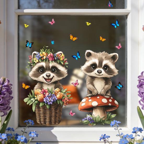 Pegatinas de Ventana Zorro de Primavera Zorro de Dibujos Animados Flores Mariposas Pegatina de Cristal Extraíble Animales Lindos Pegatinas de Ventana para Decoración de Hogar Oficina Tienda