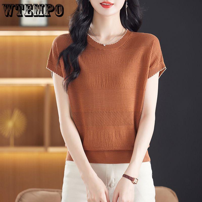 Ice Silk T-shirt for Women Loose and Simple Top Round Neck Knitted T-shirt for Summer