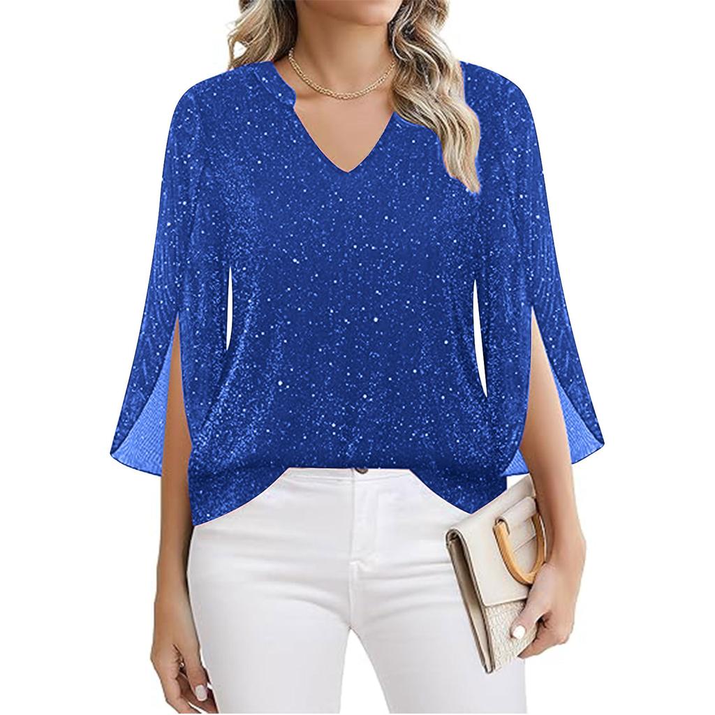 Women’s V Neck Glitter Blouse with Split Sleeve Design Loose Fit Lightweight Top for Everyday Wear