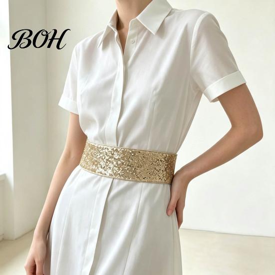 Stretchy Abdomen Shaper Sequined Waist Belt, Women Sparkly Wide Retro Dress Elastic Belt for Snap Buttons, Glittery Band Shirts Dresses