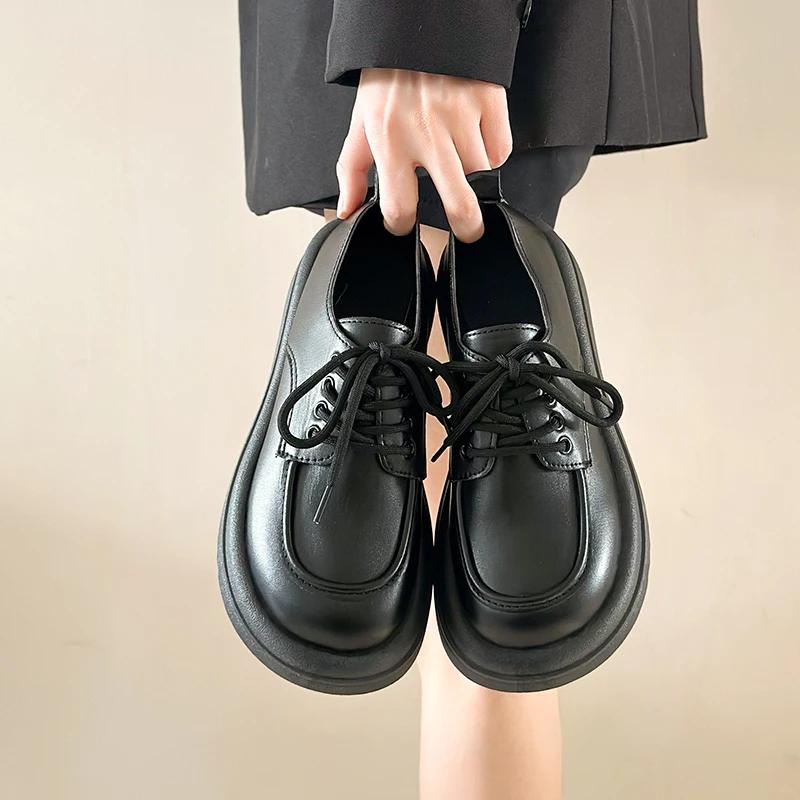 

Модная женская обувь на распродаже 2024 Новые женские туфли на шнуровке Осень Круглый носок Однотонные Мэри Джейн Средний каблук Водонепроницаемые Платье Работа Лоферы 40 чёрный