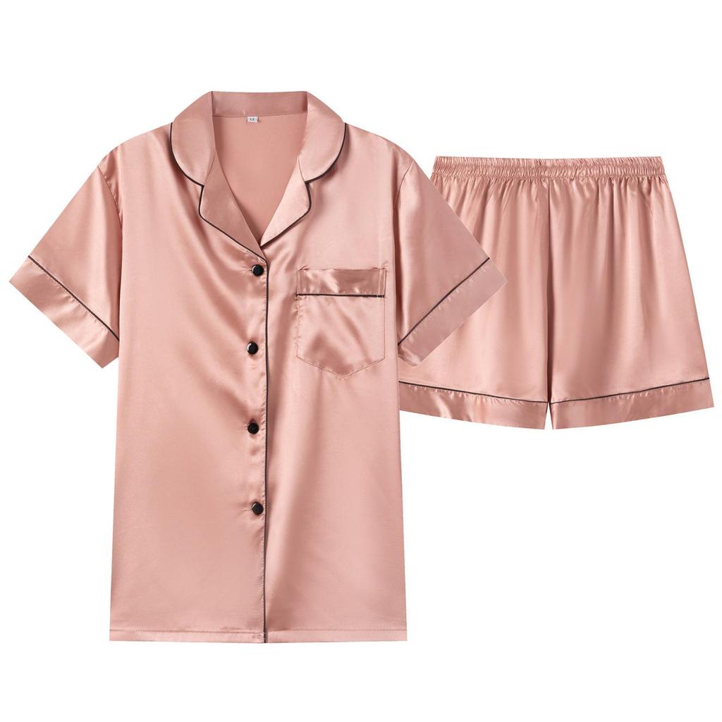 Women's Summer Short Sleeve Pajama Set - Solid Color, Casual Lapel Style