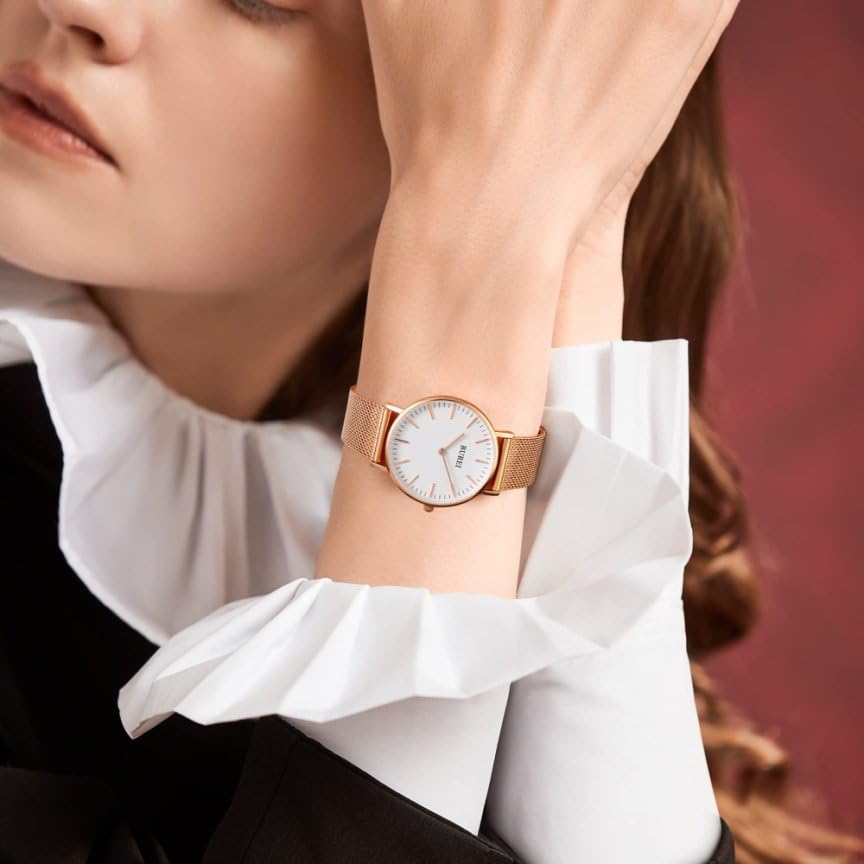 BUREI Analoge Quarzuhr mit wasserdichtem Netz, stilvoll und beliebt für den Weg zur Arbeit, schlank und leicht, Rosé-Edelstahl-Armband für Damen, Freizeit, Schule,