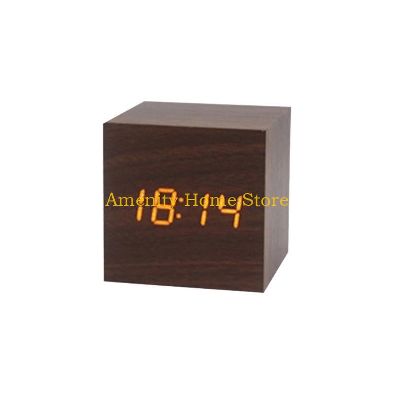 F26C Wood Cube Voice Control  Led Alarm Clock Decorative Clock Ornaments Art Crafts Supplies for Home Bedroom Dormitory