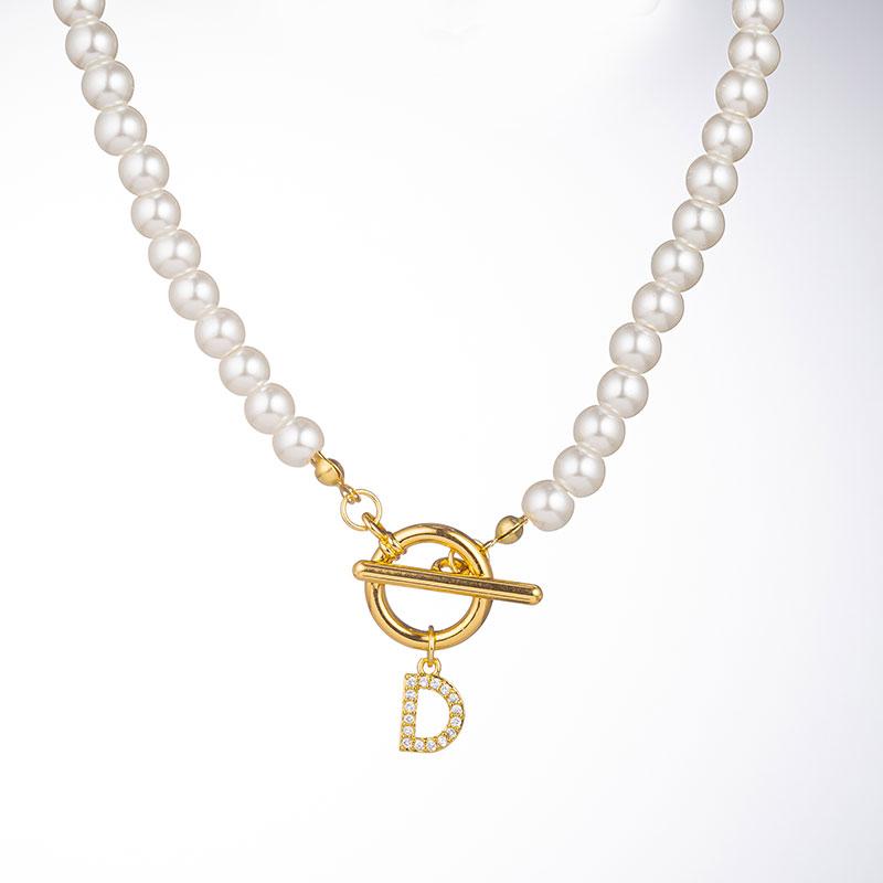 Zircon Crystal Initial A-Z Letter Pendant Necklace for Women Toggle Clasp Imitation Pearls Necklaces Wedding Jewelry Gift
