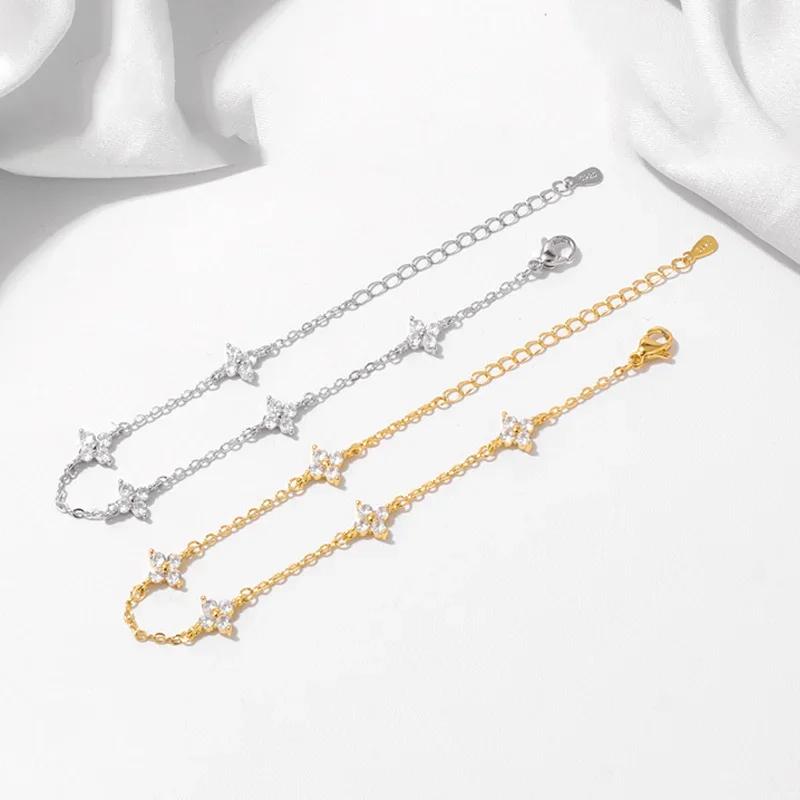 18k Gold Plated Cz Four-leaf Flower Bracelet for Women Girl Dainty Adjustable Link Chain Bracelets Charm Luxury Trend Jewelry