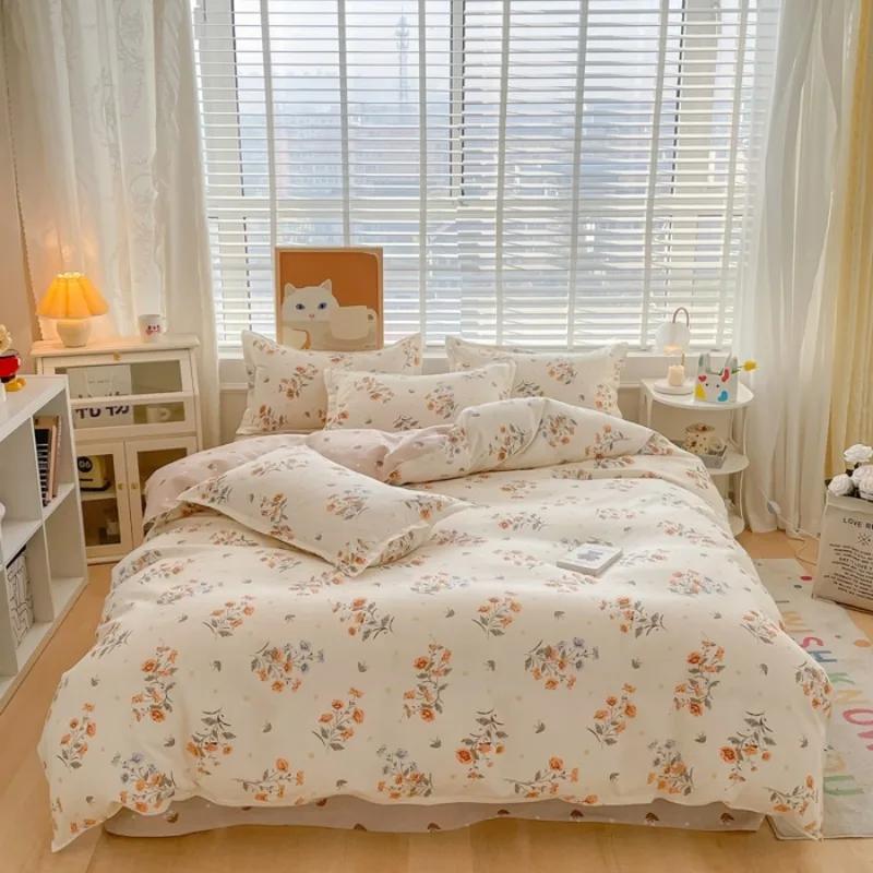 small fresh pure cotton abraded four-piece set, skin-friendly bed sheet washed cotton quilt cover, dormitory three-piece set