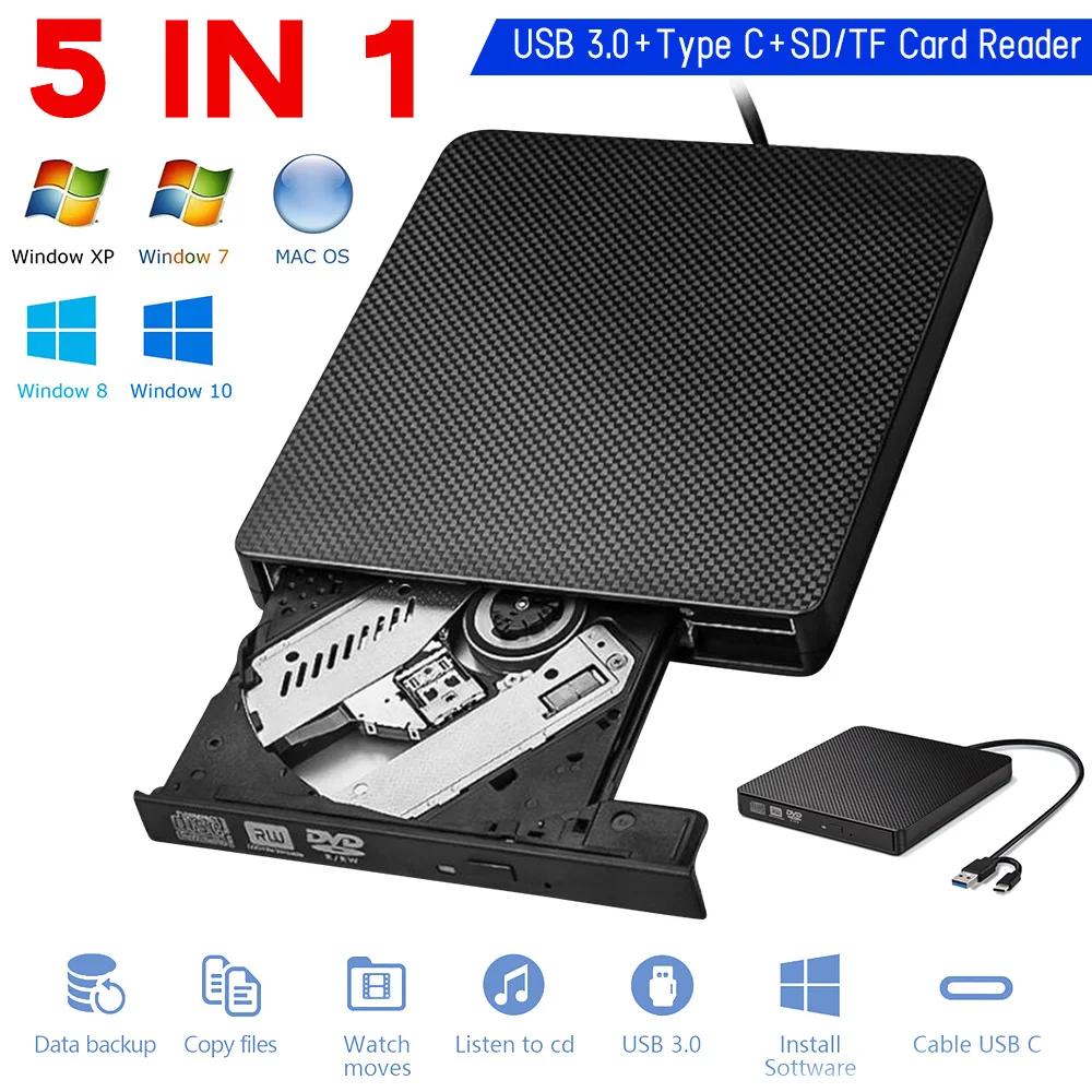 5 In 1 Portable CD DVD ROM with USB/Type-C Ports+ SD/TF Disk Reader Rewriter Drive for Mac/Linux Windows XP/10/8/7 Laptop PC