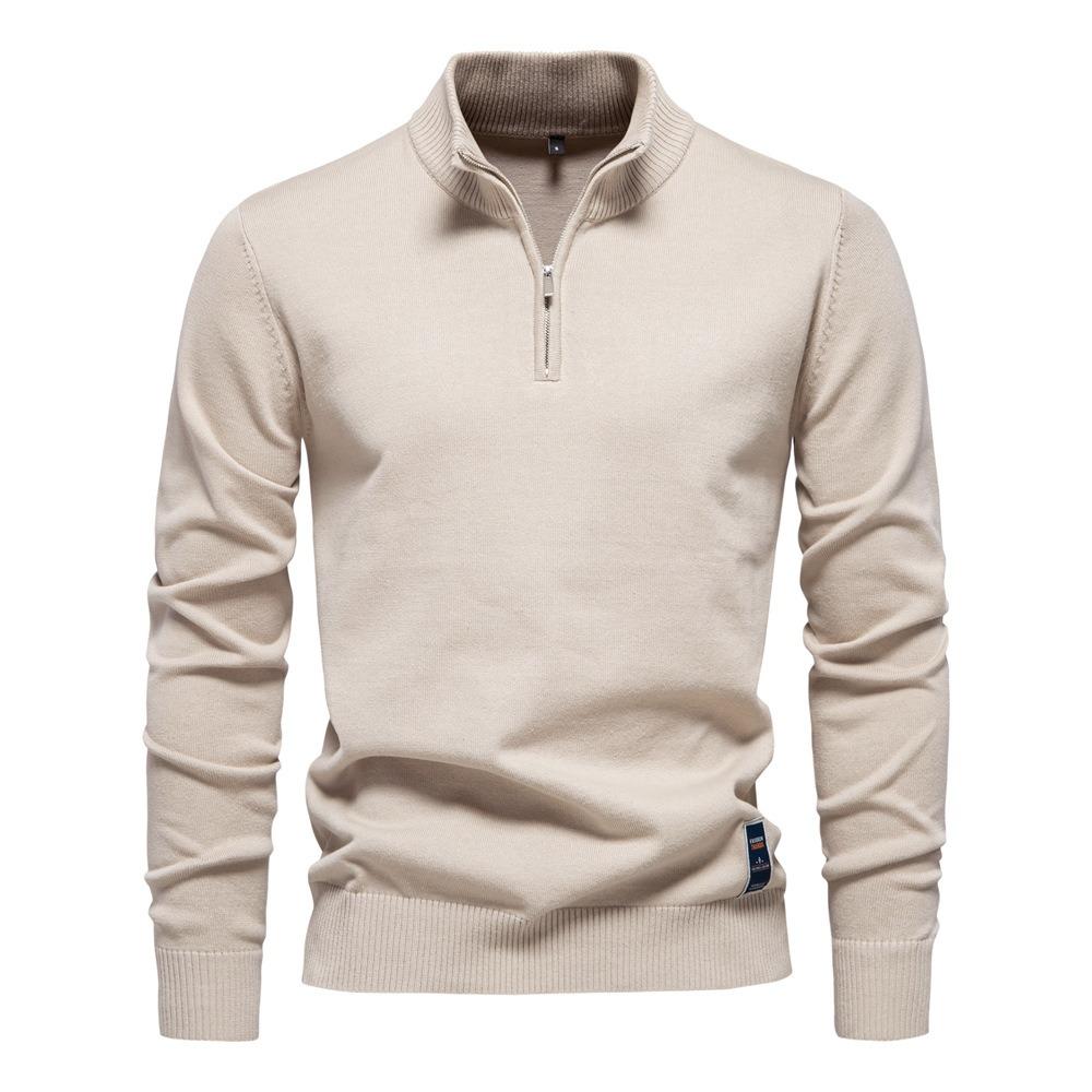 2026 Solid Color Pure Cotton Pullover with Male Standing Collar, Sliding Zipper, Form-fitting Men's Knitted Shirt Top