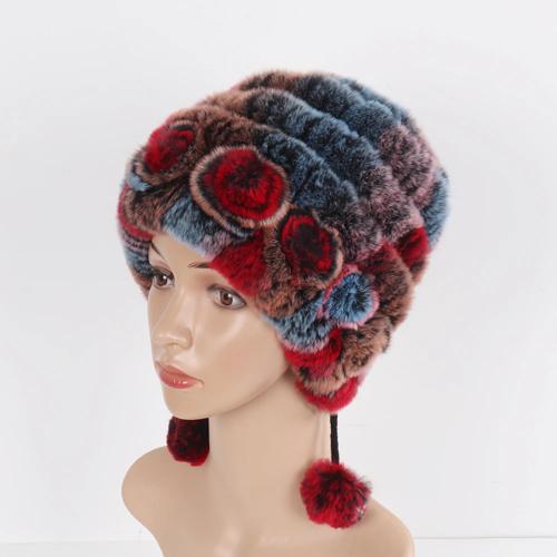 Sale Winter Women Flowers Striped Natural Real Rex Rabbit Fur Hats Lady Warm Knit Genuine Fur Caps Russian Outdoor Fur Hats