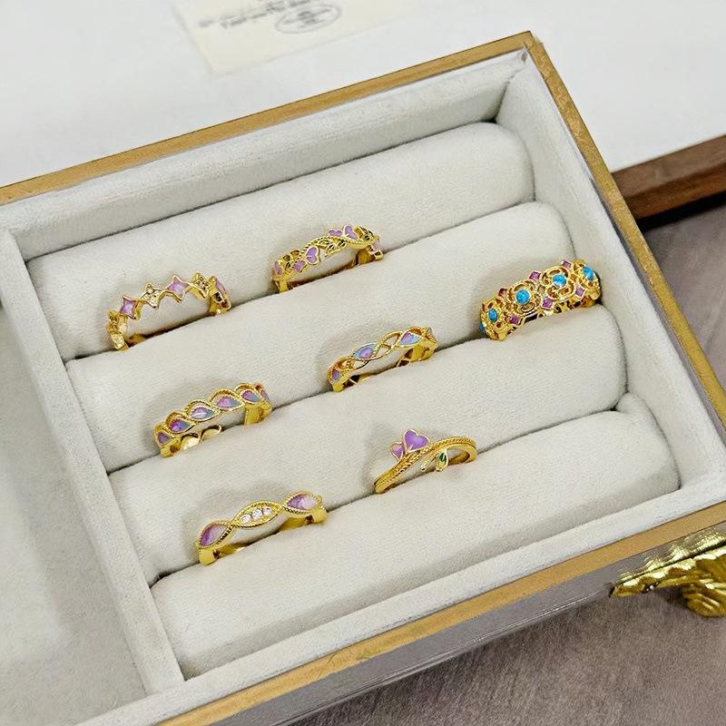 Court Style Retro Sweet Cool Colorful Enamel Drip Glaze Temperament Ring Female Flower Niche Ring