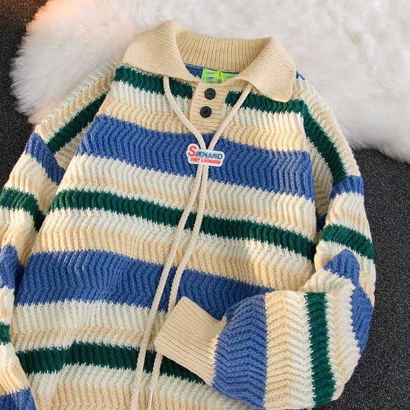 2023 Fashion Rainbow Striped Collar Knit Sweater - Casual, Versatile, Loose Fit for Couples, Perfect for Spring and Autumn.