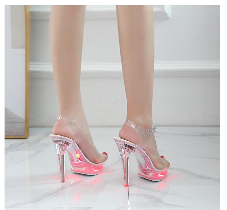 Damesandaler med LED-lys Gjennomsiktig hæl Sexy Superhøye hæler Lysende Stilettsandaler Gjennomsiktige Bryllupssko. LFD-1099-F