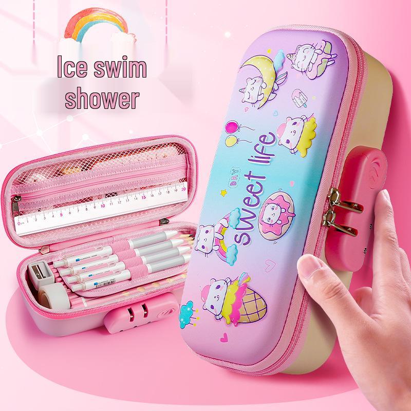 "Multifunctional Cartoon Password Lock Pencil Case for Boys - Large Capacity, 3D Design for Primary Students"