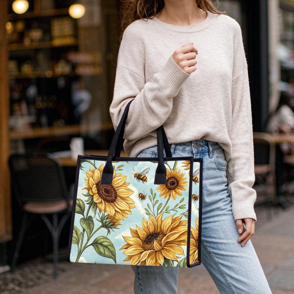 Sunflower Bee Printed Casual Tote Bag Fashion Portable Daily Use Handbag