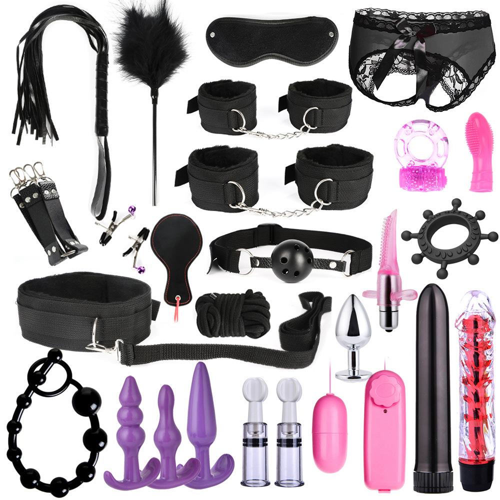 New 28 Pcs Bdsm Kit Bondage Fetish Bdsm Nipple Clip Handcuff Mouthball Whip Blinder Collar Shackles SM Toy for Women Lovers