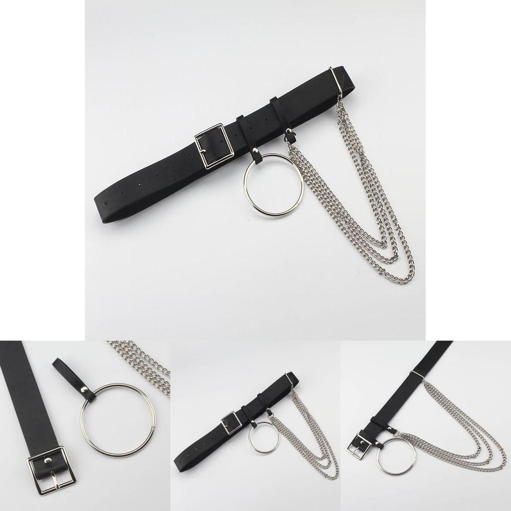 Fashionable Black Waist Belt With Circular Ring And Chain Tassel For Men And Women Fashion Accessory